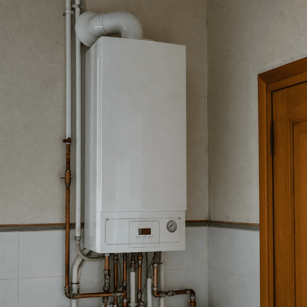 Chaudière gaz murale dans la buanderie d'une maison individuelle